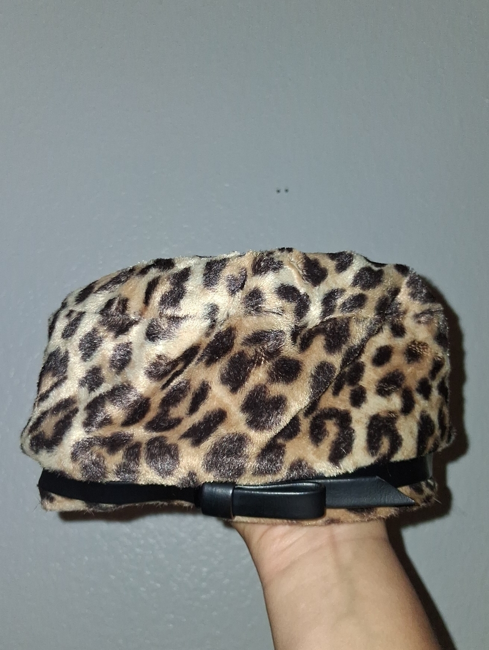 Leopard Print Faux Fur Beret Hat with Black Bow